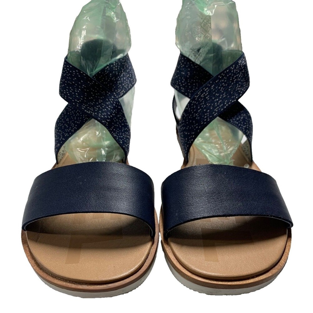 Sorel Ella II Sandals Womens 6 Blue White Criss Cross Leather Strap Slip On Flat - Picture 9 of 9